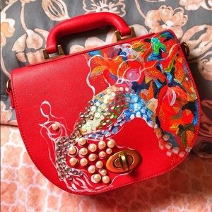 Handpainted faux red leather bag ❤️